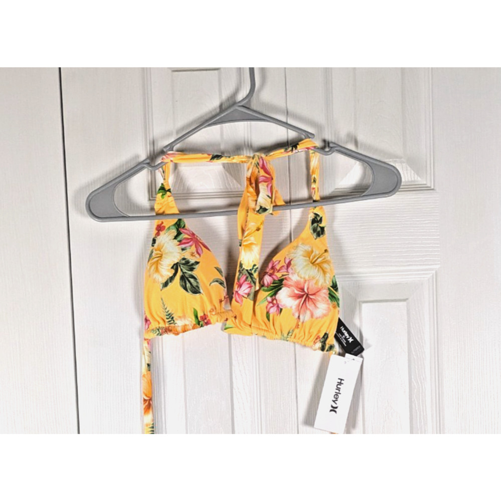 NWT Hurley Juniors Bikini Top Ribbed Triangle Halter Yellow Floral XL